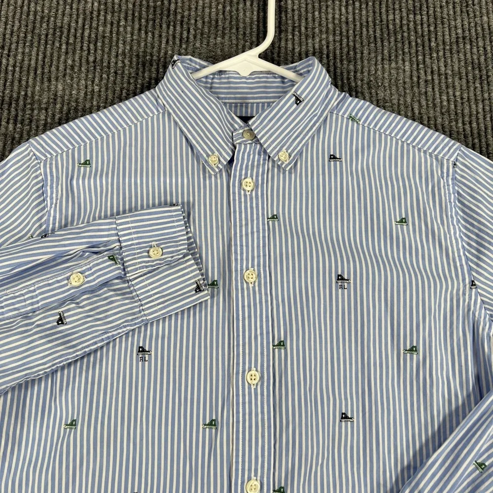 Ralph Lauren Shirt Boys Large 14-16 Blue White Striped Button Down Flag Preppy